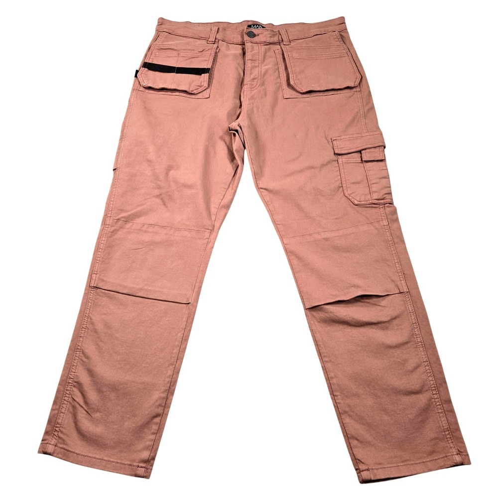 BoohooMAN Pants Mens 39x30 (38 Tag) Brown Cargo Denim Straight Workwear Casual